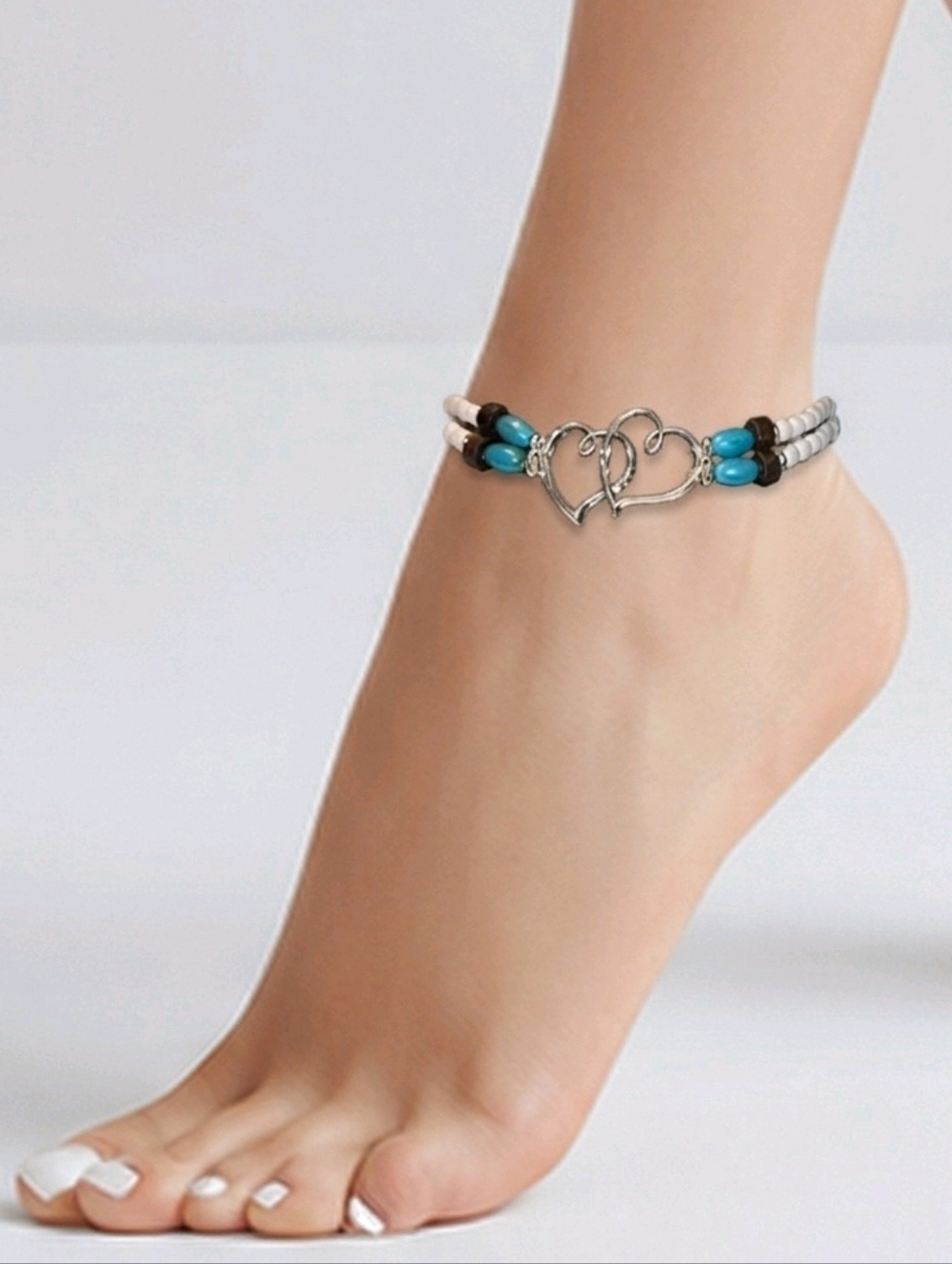 Anklet Hearts Charm White Rice Bead Stretchy Ankle Bracelet Women's Jewelry NEW